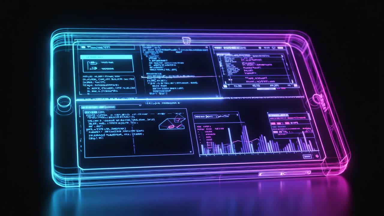 Rotating Holographic Tablet with Futuristic Data Display