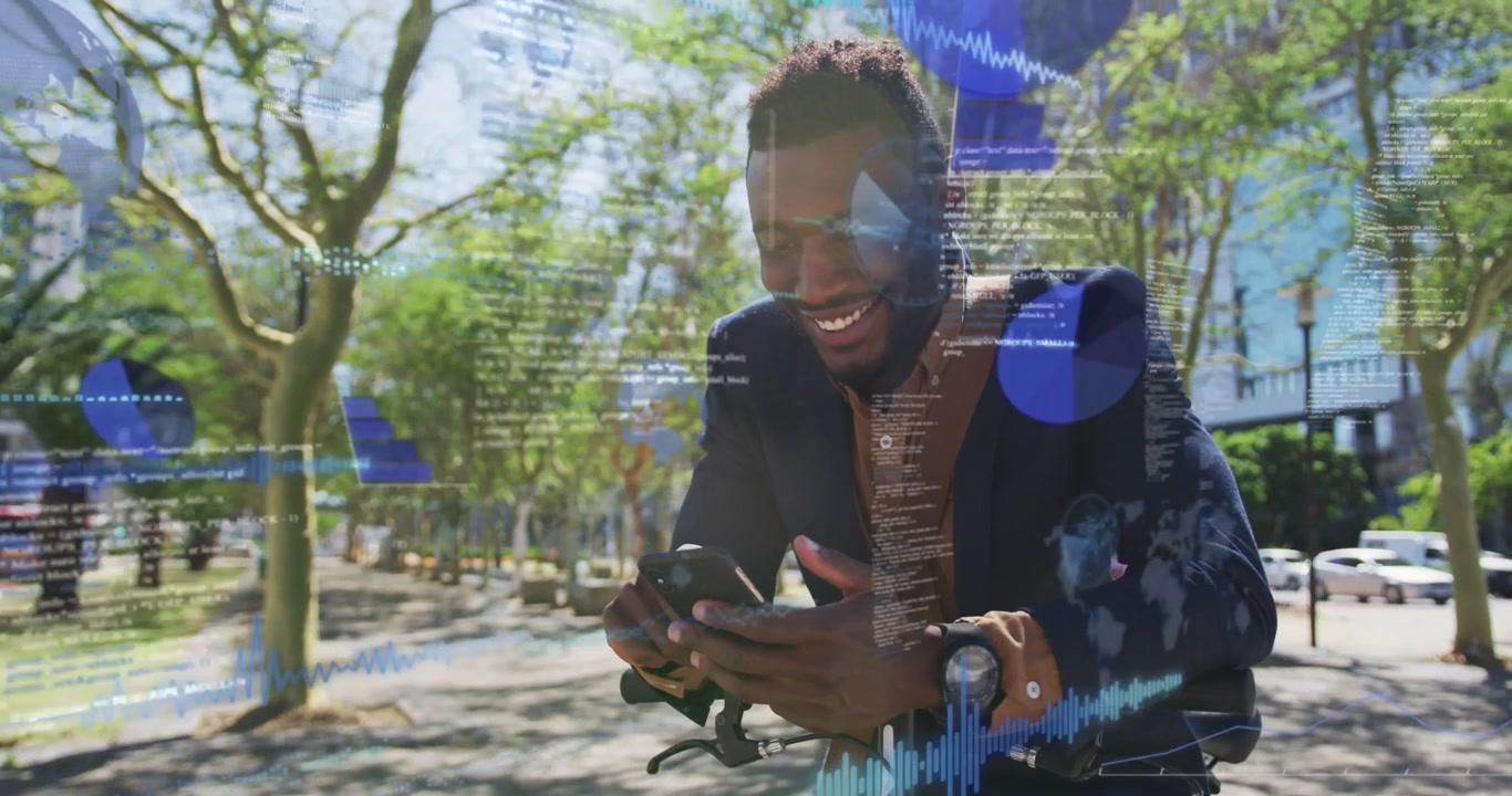 Commuter man leaning on scooter, tapping phone and revealing animated tech charts and code, smiling