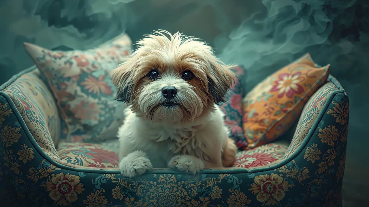 Camera panning, capturing white and tan dog sitting calmly on floral couch, with decorative pillows