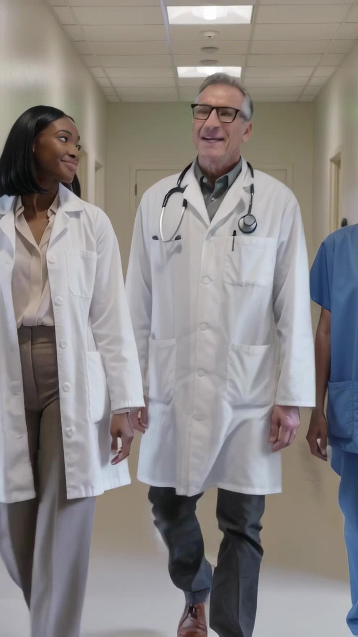 Vertical video: Entering corridor, three clinicians walking toward exit with stethoscope and scrubs
