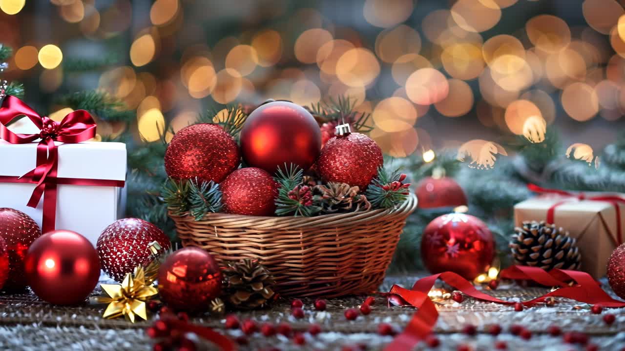 A basket full of red Christmas ornaments and pine cones. The basket is on a table with a red ribbon around it