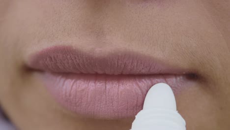 mujer usando jalea de petróleo en el labio ,