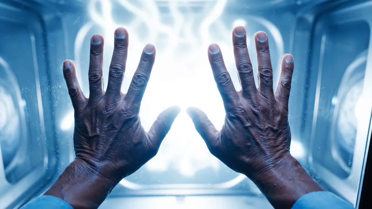 Hands touching a futuristic glowing interface