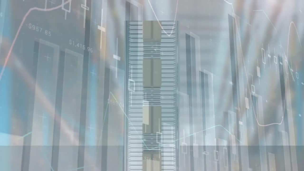 배경에서 컨베이어 벨트에 있는 카드보드 상자 위의 통계의 애니메이션