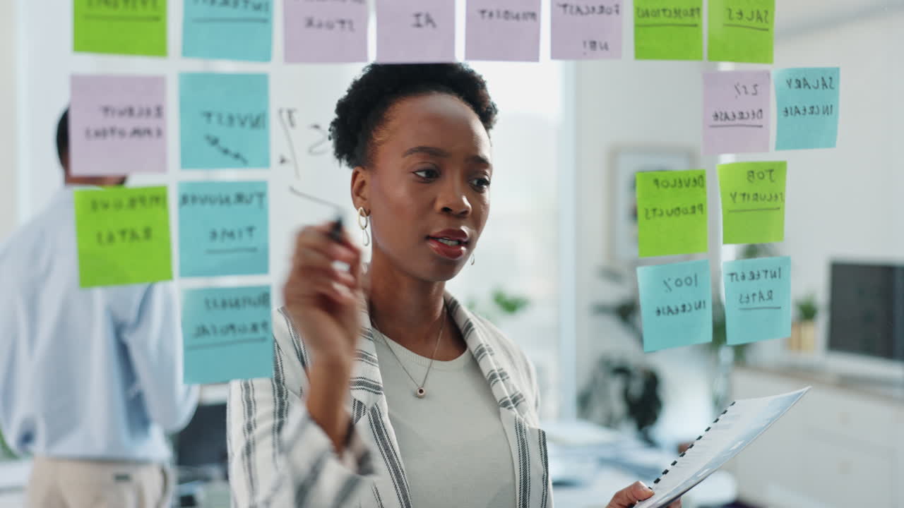 Businesswoman brainstorming with sticky notes