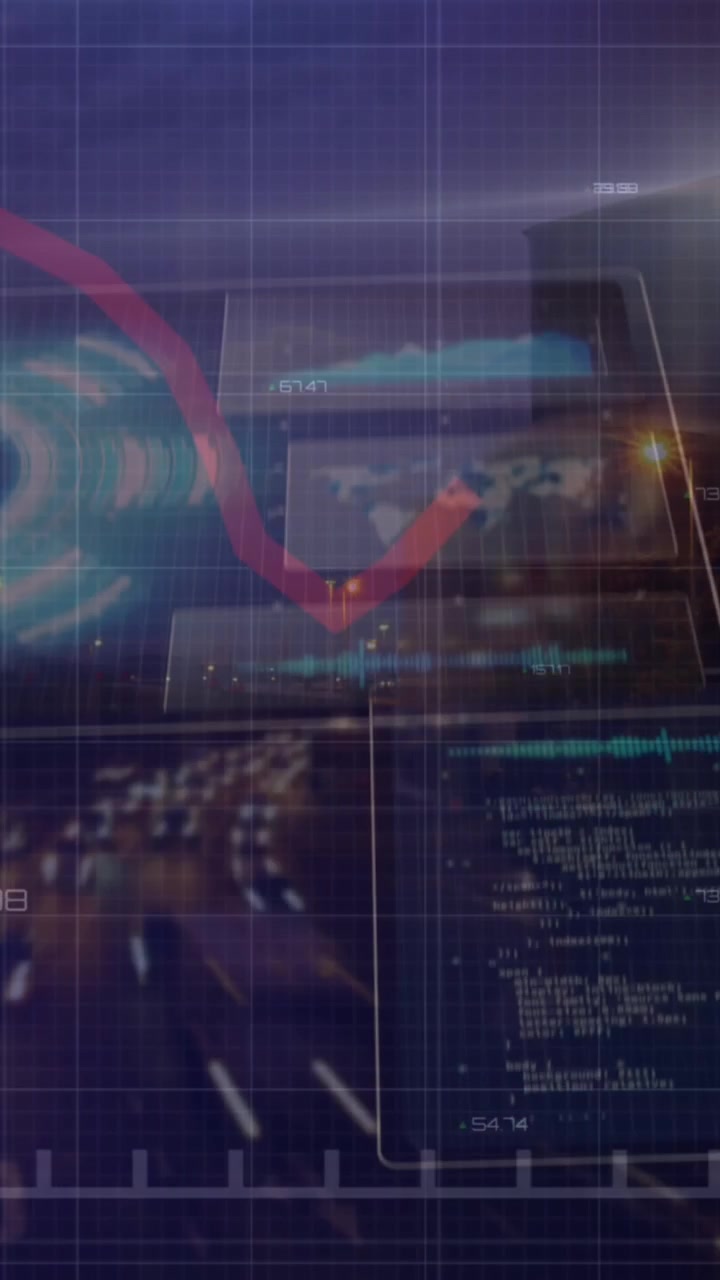 Animation of financial data processing over cityscape