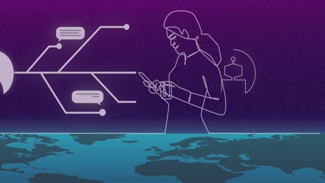 animación de un procesamiento de datos sobre una mujer usando un teléfono inteligente