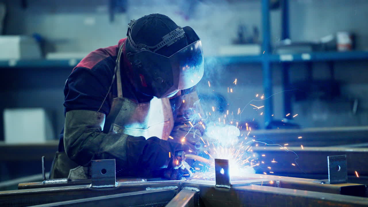 Welder Working on Metal Frame in Factory