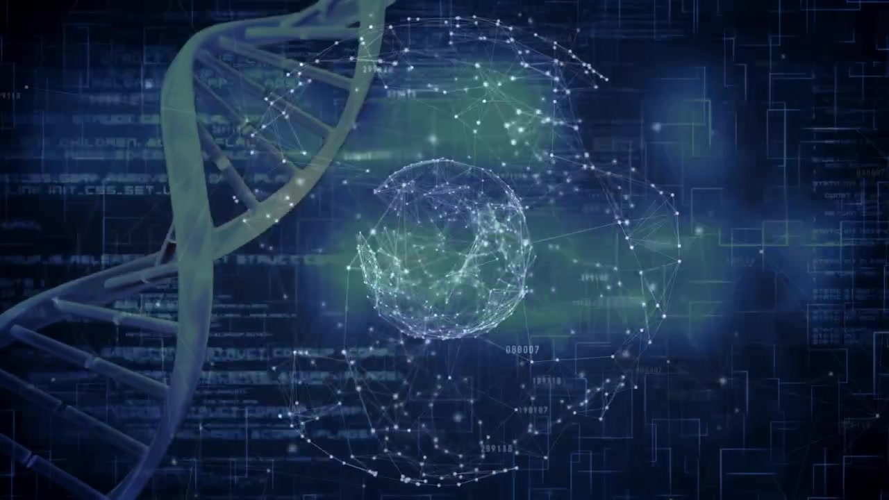 Elica di DNA che ruota a sinistra, inviando luce verso una sfera di nuvola di punti, formando nodi collegati per la biotecnologia