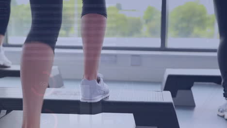 animación del procesamiento de datos financieros sobre una mujer caucásica haciendo ejercicio en el gimnasio