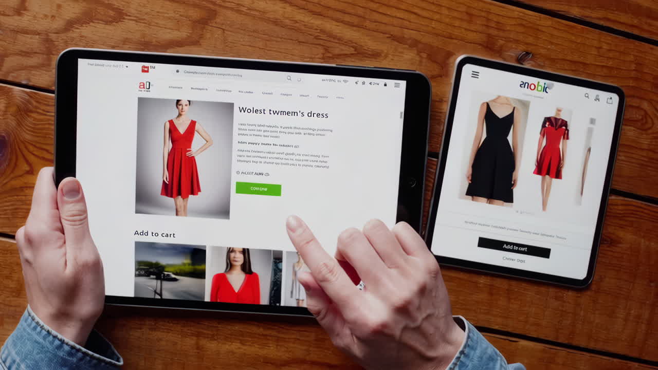 A person shopping for dresses online using a tablet and smartphone