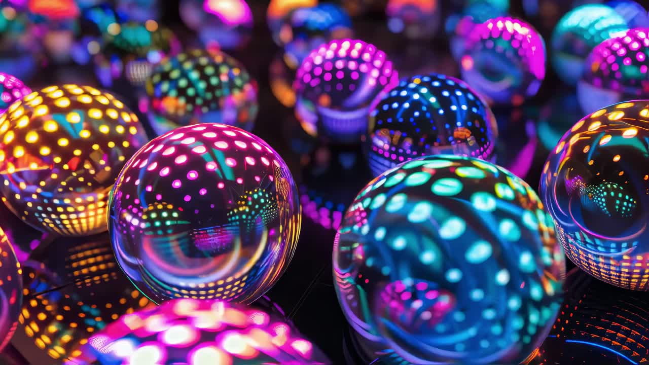 Colorful glass marbles with iridescent reflections resting on dark surface, creating captivating abstract visual pattern through luminous spherical shapes and light interactions