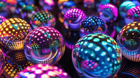 colorful glass marbles with iridescent reflections resting on dark surface, creating captivating abstract visual pattern through luminous spherical shapes and light interactions