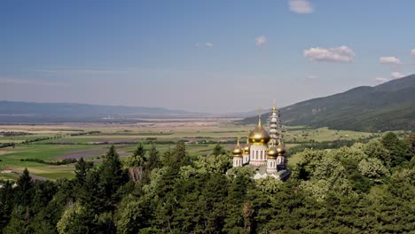 beautiful morning at shipka memorial church in the kazanlak valley bulgaria drone push shot