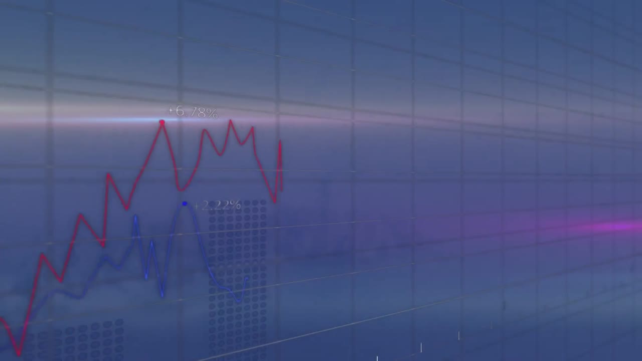Animation of statistical data processing over grid network against light trails on blue background