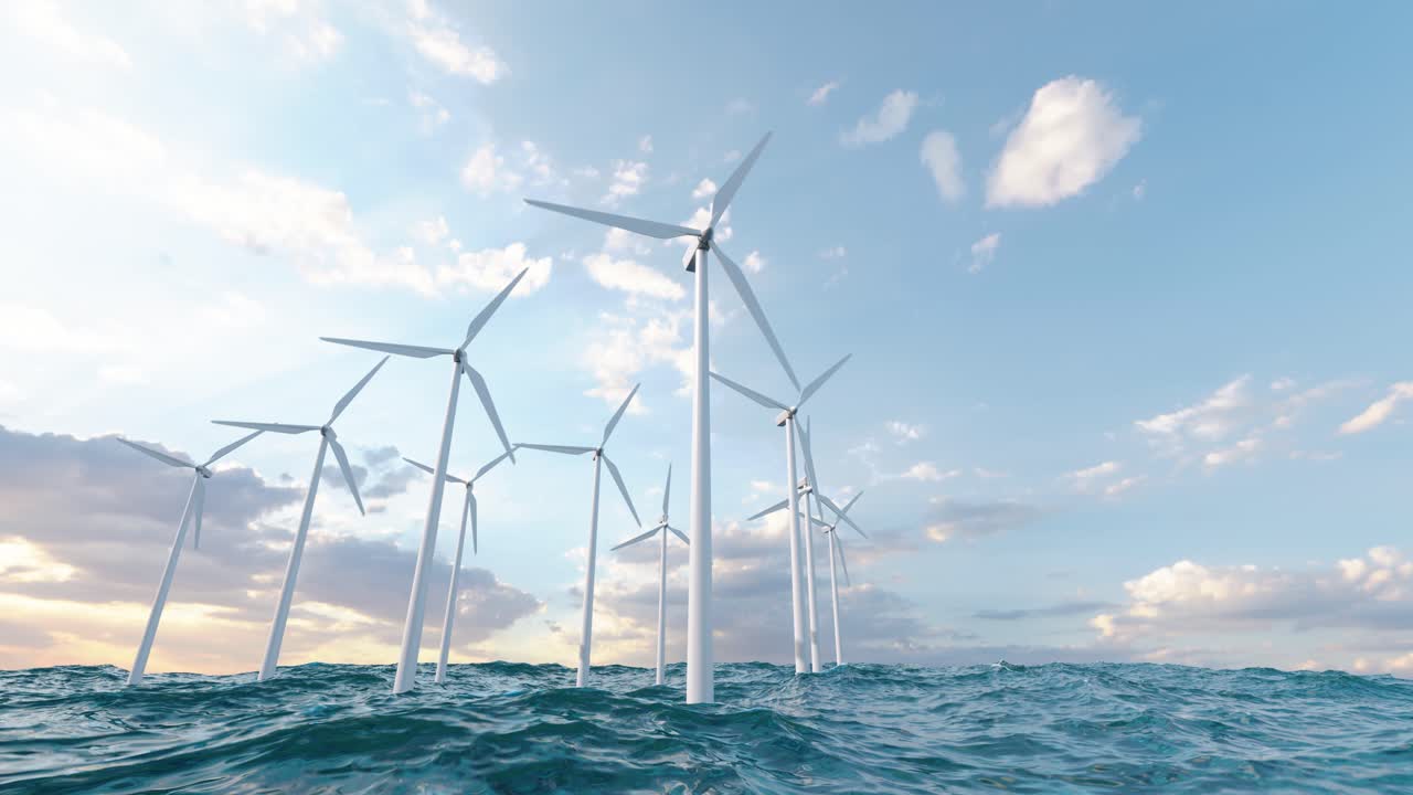 Wind turbines in waving sea. 3d animation
