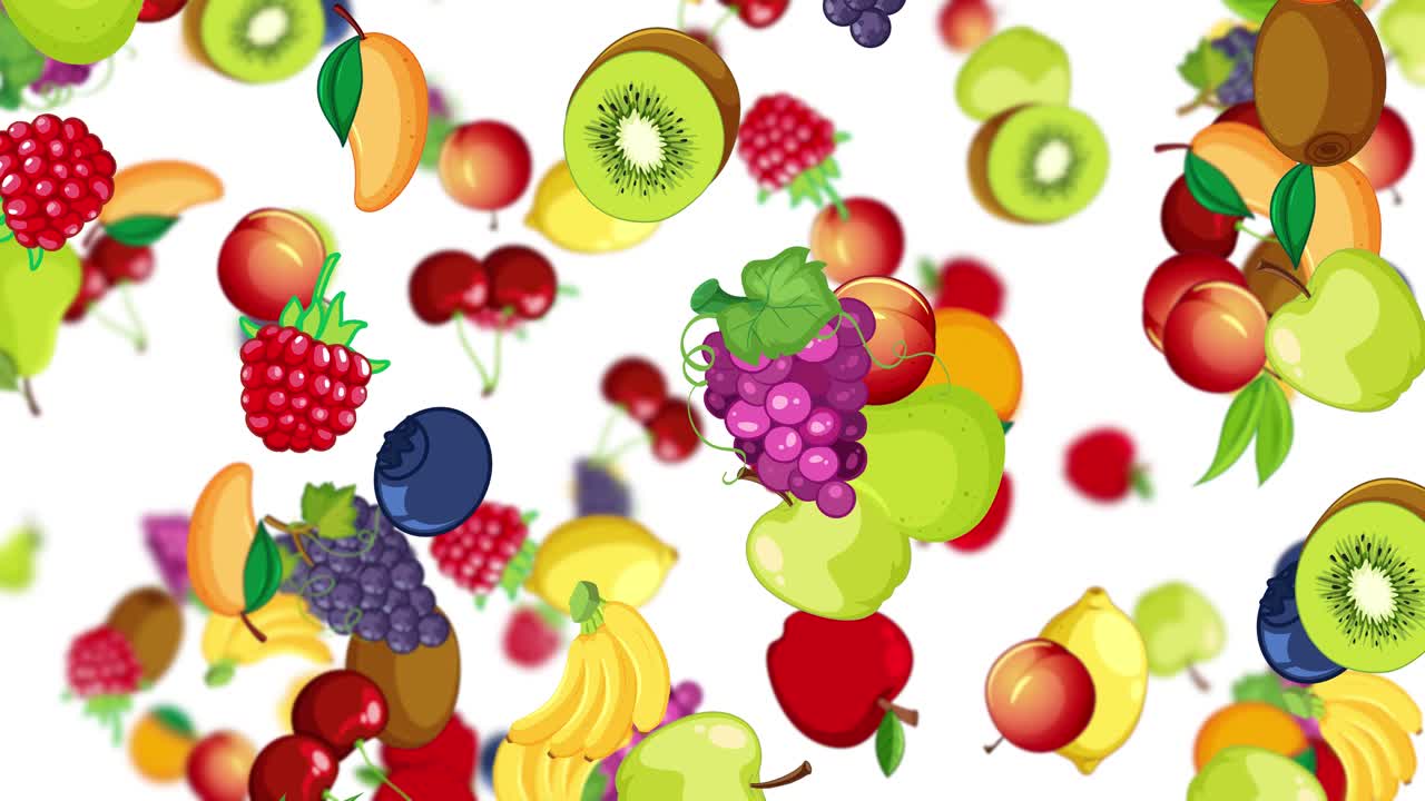 Vibrant fruits cascade against a white background