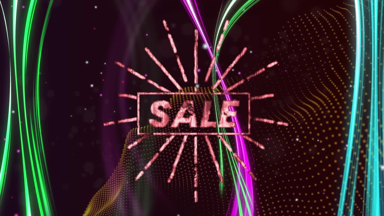 갈색 디지털 파동에 대항하여 다채로운 반이는 빛의 흔적 위에 판매 텍스트 배너의 애니메이션