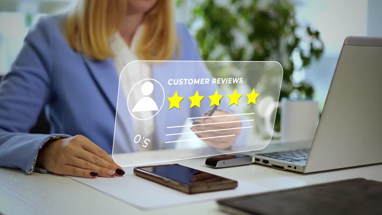Satisfied customer leaving positive feedback 5 stars review online woman in office working at laptop computer rating a website experience using a virtual touch screen interface
