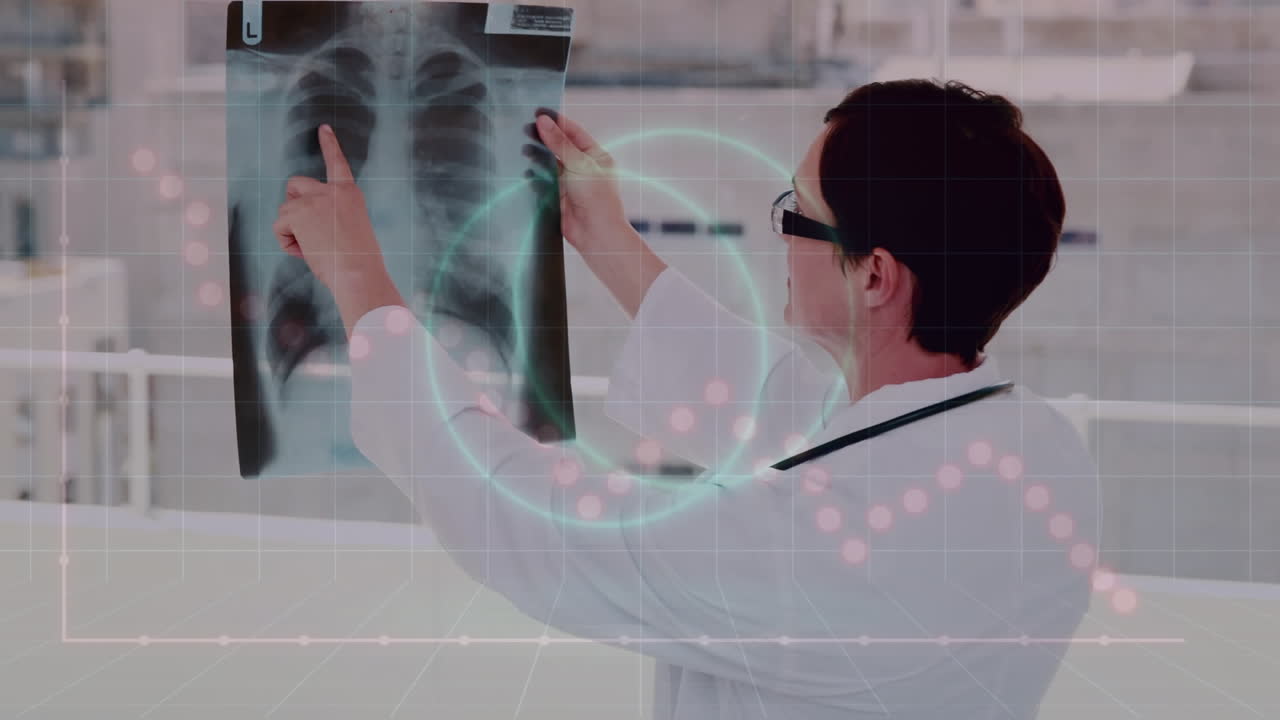 네온 모양의 애니메이션, 백인 여성 의사가 병원에서 스레이를 검사하는 데이터 처리