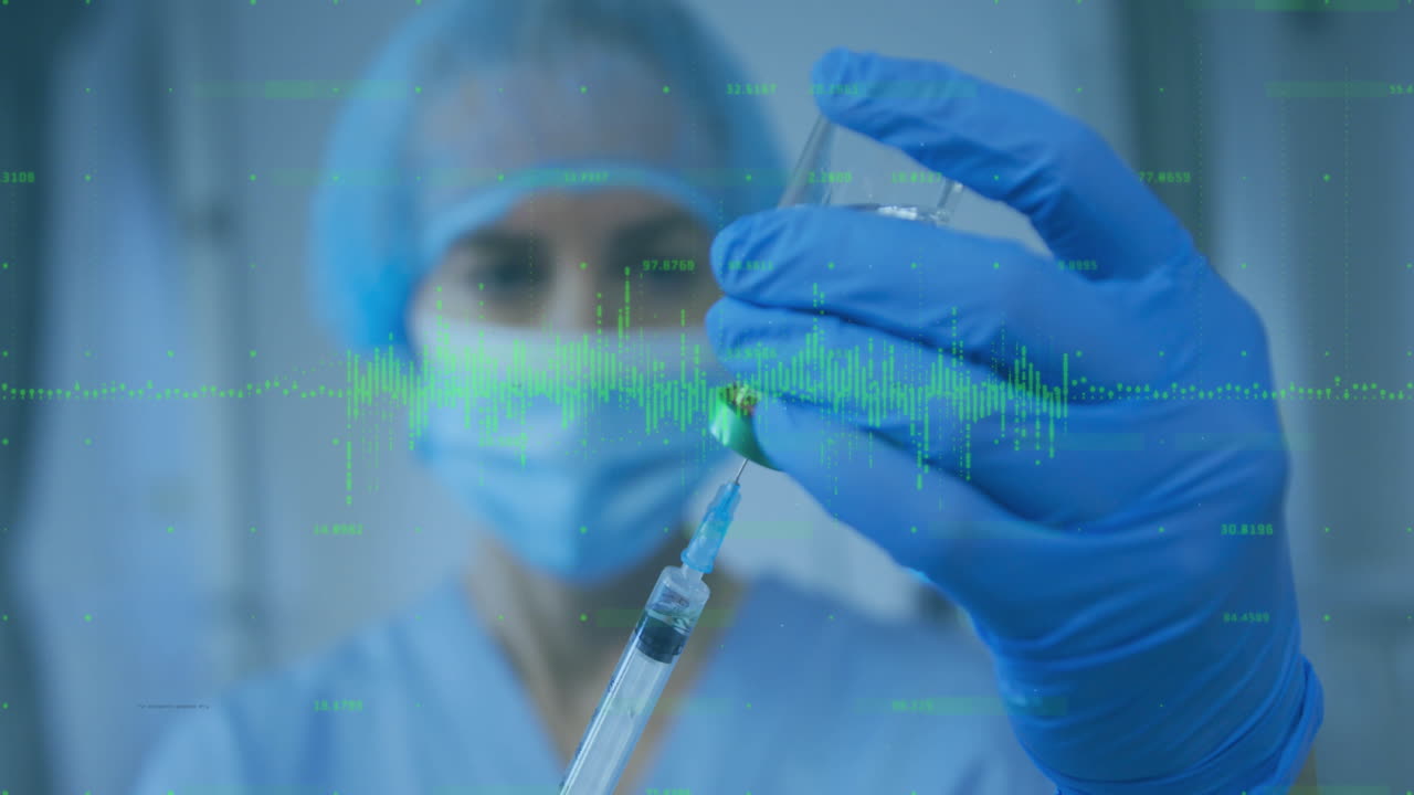 animación del procesamiento de datos financieros sobre la doctora caucásica que tiene la vacuna