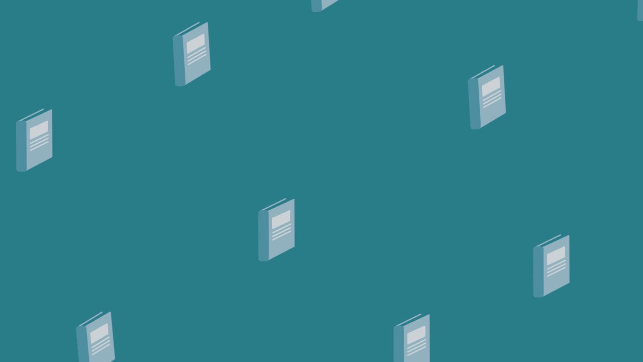 Animation of repeated grey notebooks moving over mid blue background