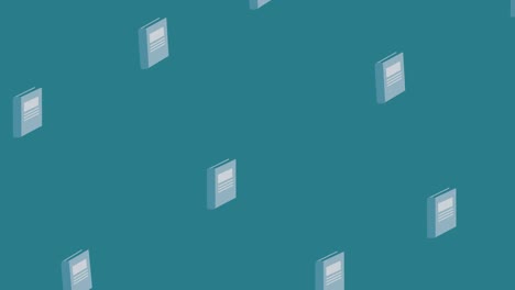 animation of repeated grey notebooks moving over mid blue background