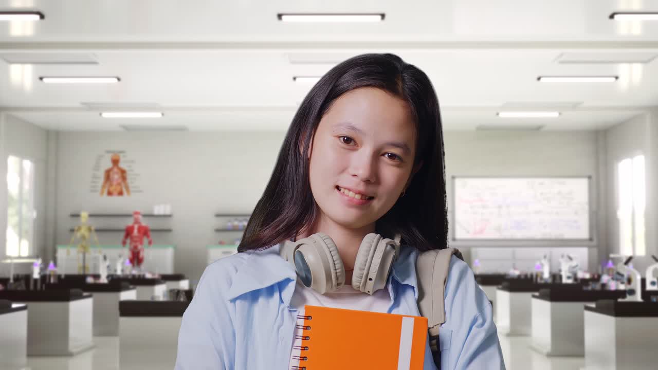 Close Up Of Asian Teen Girl Student With A Backpack Holding Some Books And Smiling To Camera While Standing In Science Laboratory
