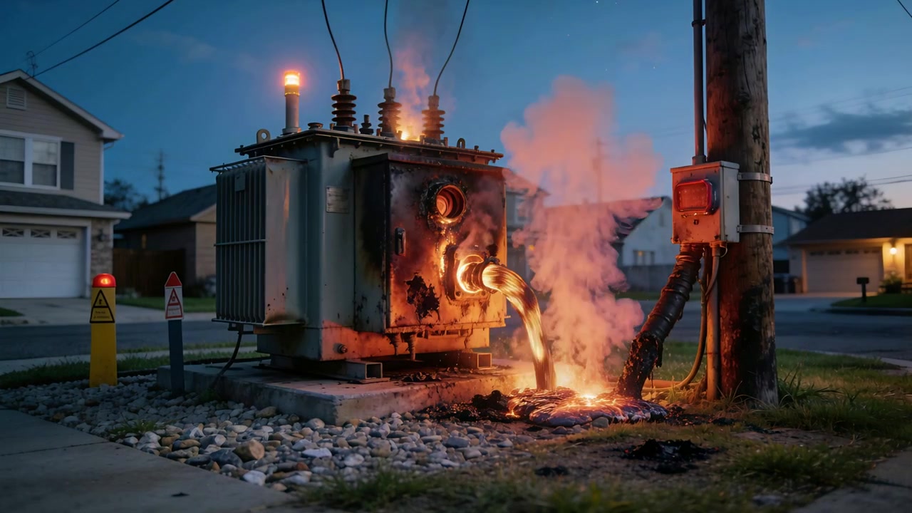 Sparking pad-mounted transformer and service cable arcing at dusk on suburban street, joint heating