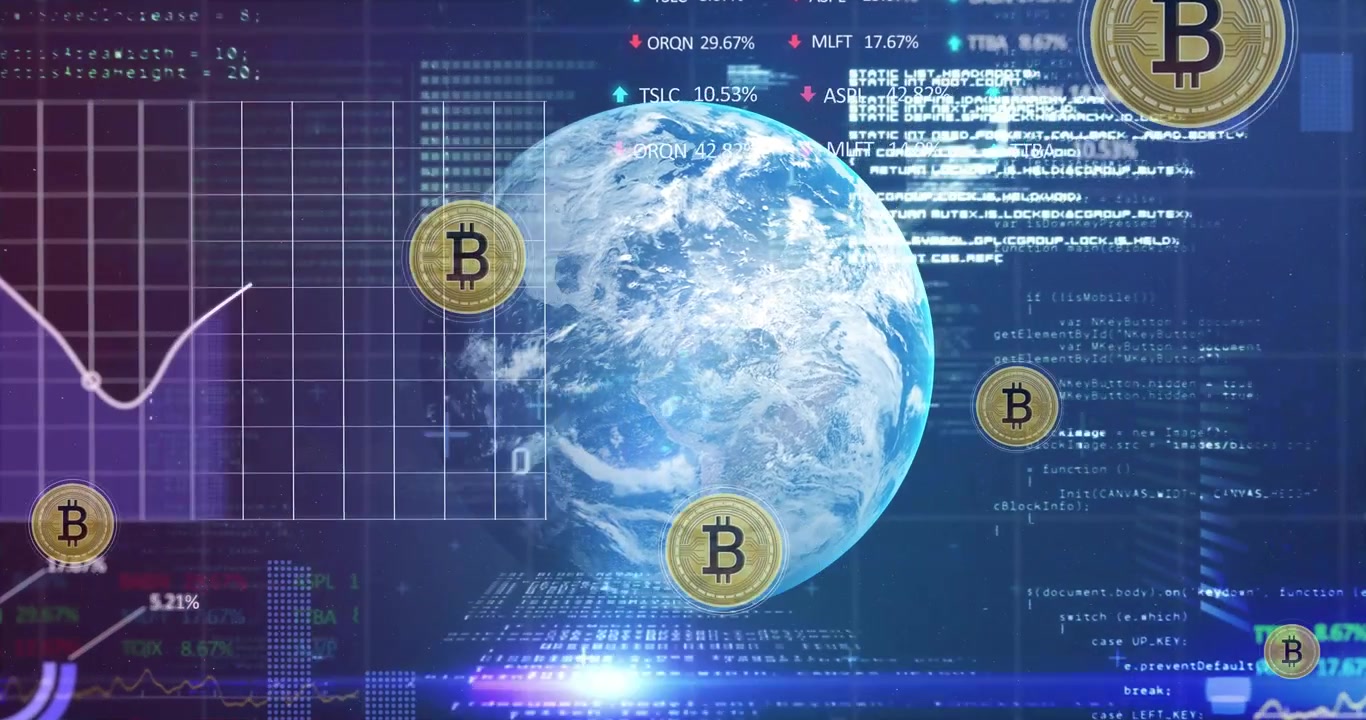 Piccola moneta Bitcoin che appare, causando l'orbita di monete attorno alla Terra, animando grafici e segnalando un'impennata.