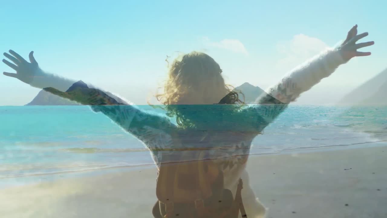 해변에 있는 백인 여성 위의 풍경의 애니메이션