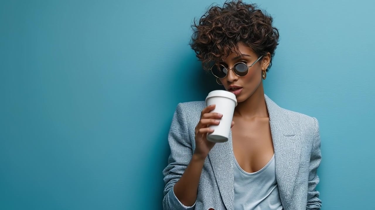 Giovane donna elegante con i capelli ricci che tiene in mano una tazza di caffè mentre posa contro una parete blu.