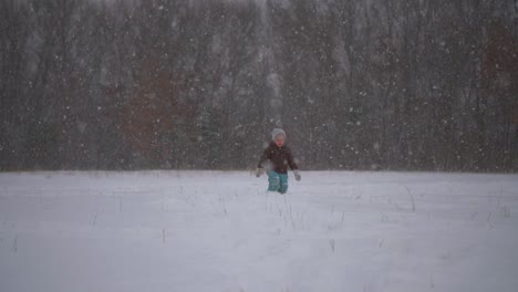 toddler walking alone through deep snow, gently falling snow in slow motion