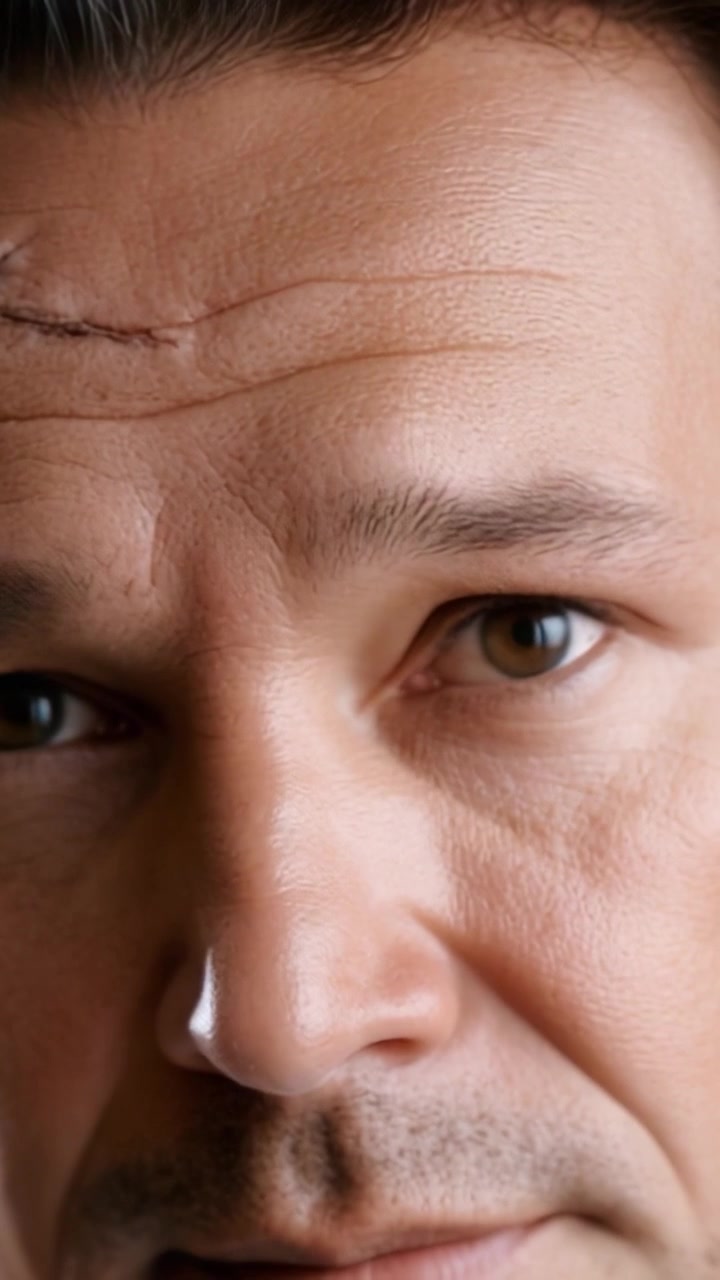 Close-up of a Person's Face with a Prominent Scar on the Forehead, Capturing Detailed Expressions and Unique Characteristics of the Skin Texture and Eye Color