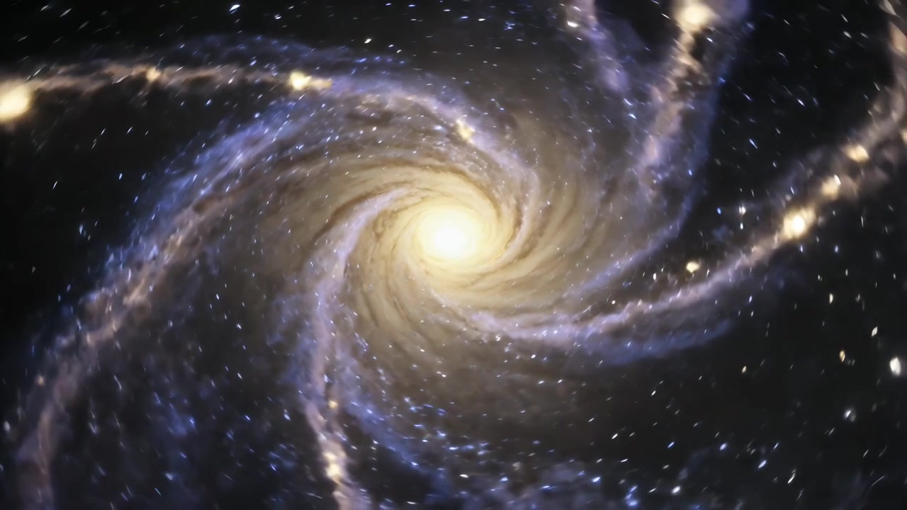 Kamera zoomt heran auf eine Spiralgalaxie im tiefen Weltraum, zentriert auf ihren gelben Kern mit Staubarmen.