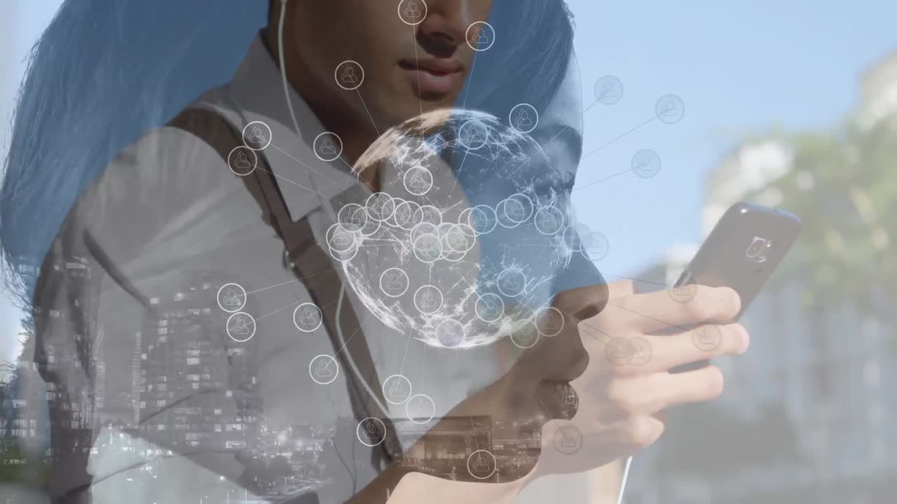 Animation of cityscape and biracial woman over caucasian businessman using smartphone
