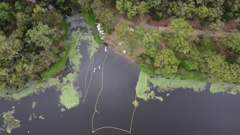 drone descending over a lake with a safe swimming spot with safety net and kayaks visible on the water