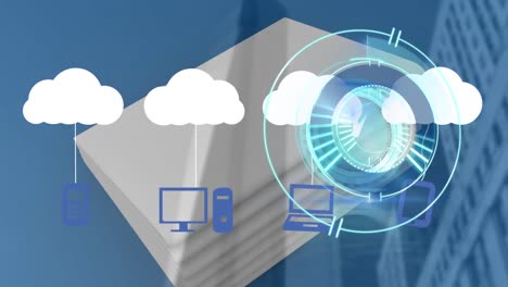 animation of scope scanning and building with digital clouds with electronic devices