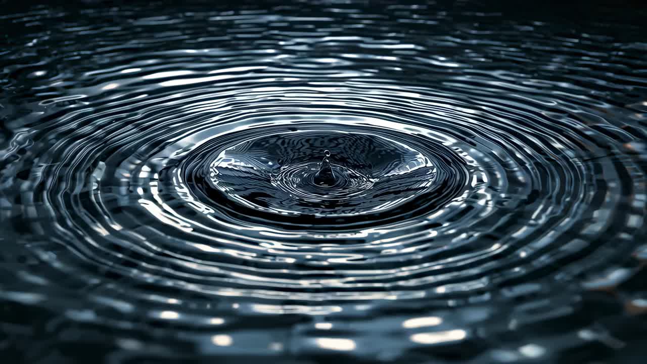 Falling droplet hitting water, forming cavity, jet in shallow pool, dissipating energy via ripples
