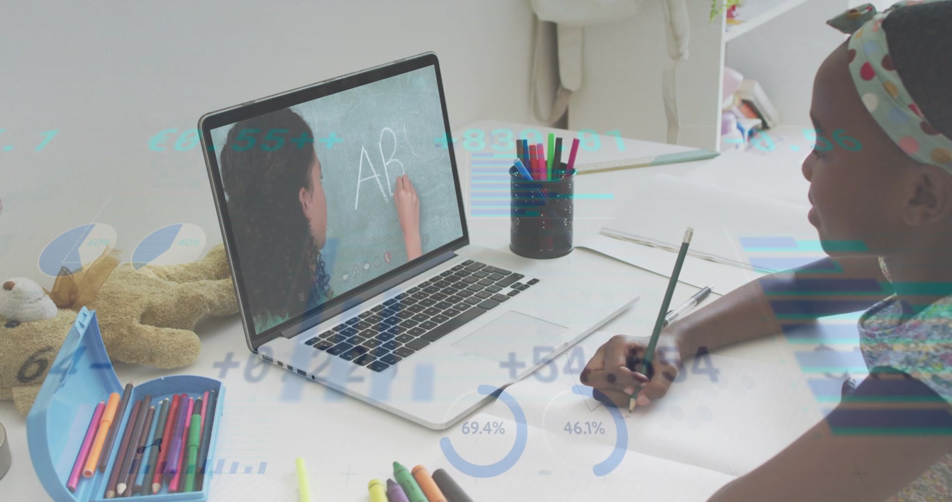 Girl student watching laptop teacher writing AB, copying letters for education, charts overlaying