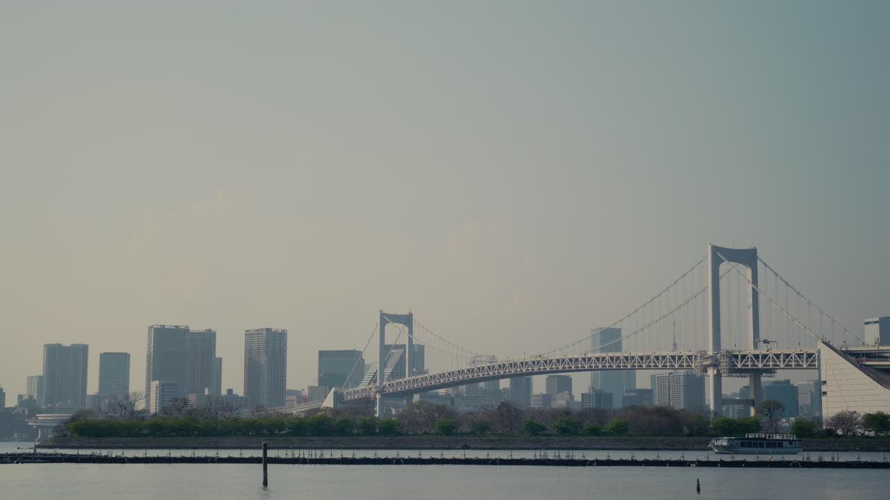 東京湾にかかるレインボーブリッジと、その背後に広がる都市のスカイライン。