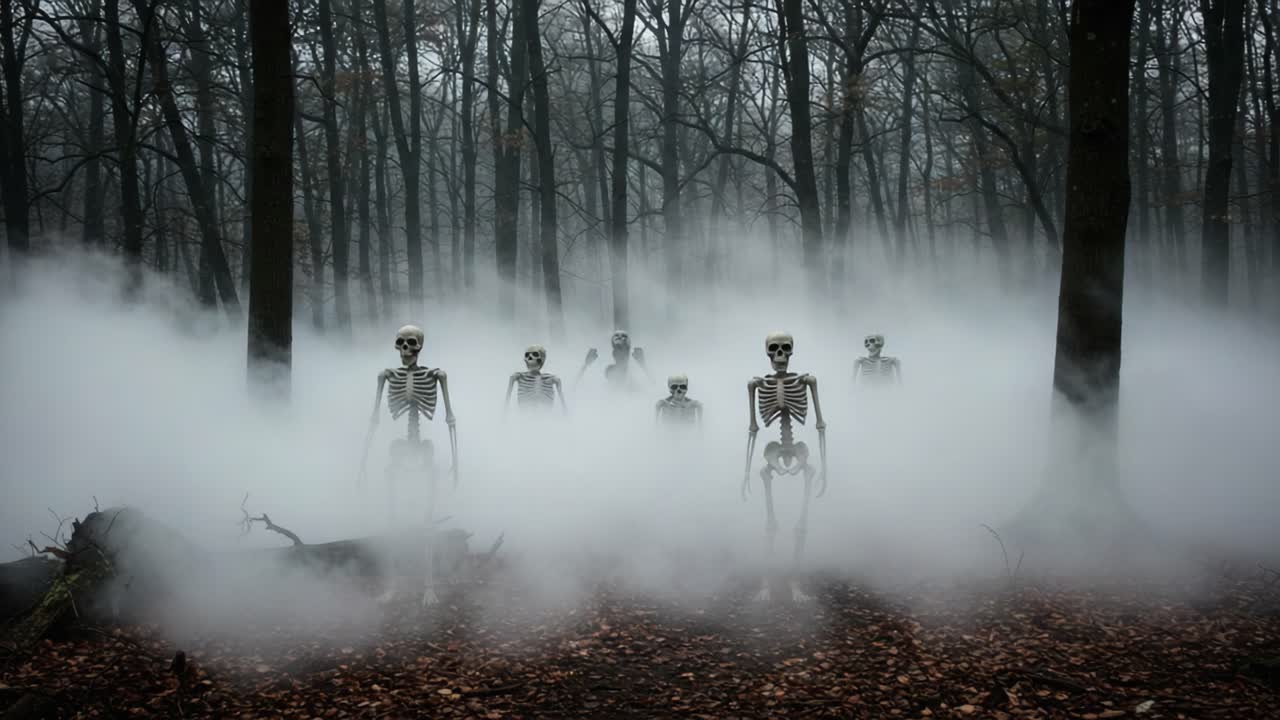 Eerie Scene of Skeletons Emerging from Foggy Woods, a Haunting Visualization of the Unknown, Evoking Mystery and Intrigue in a Spooky Atmosphere