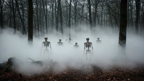 eerie scene of skeletons emerging from foggy woods, a haunting visualization of the unknown, evoking mystery and intrigue in a spooky atmosphere