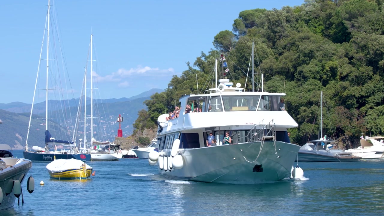 Un traghetto passeggeri bianco naviga in un porto soleggiato pieno di barche a vela e yacht di lusso.
