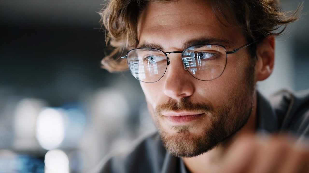 Un giovane concentrato con gli occhiali assorto nei suoi pensieri, che esprime concentrazione e perspicacia in un ambiente moderno ricco di tecnologia e luci sfocate sullo sfondo