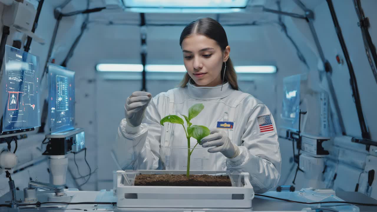 Astronaut tending to a plant in a futuristic space laboratory