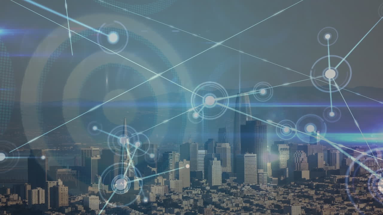 Animation of network of connections over cityscape