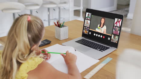 schoolgirl using laptop for online lesson at home, with diverse teacher and class on screen