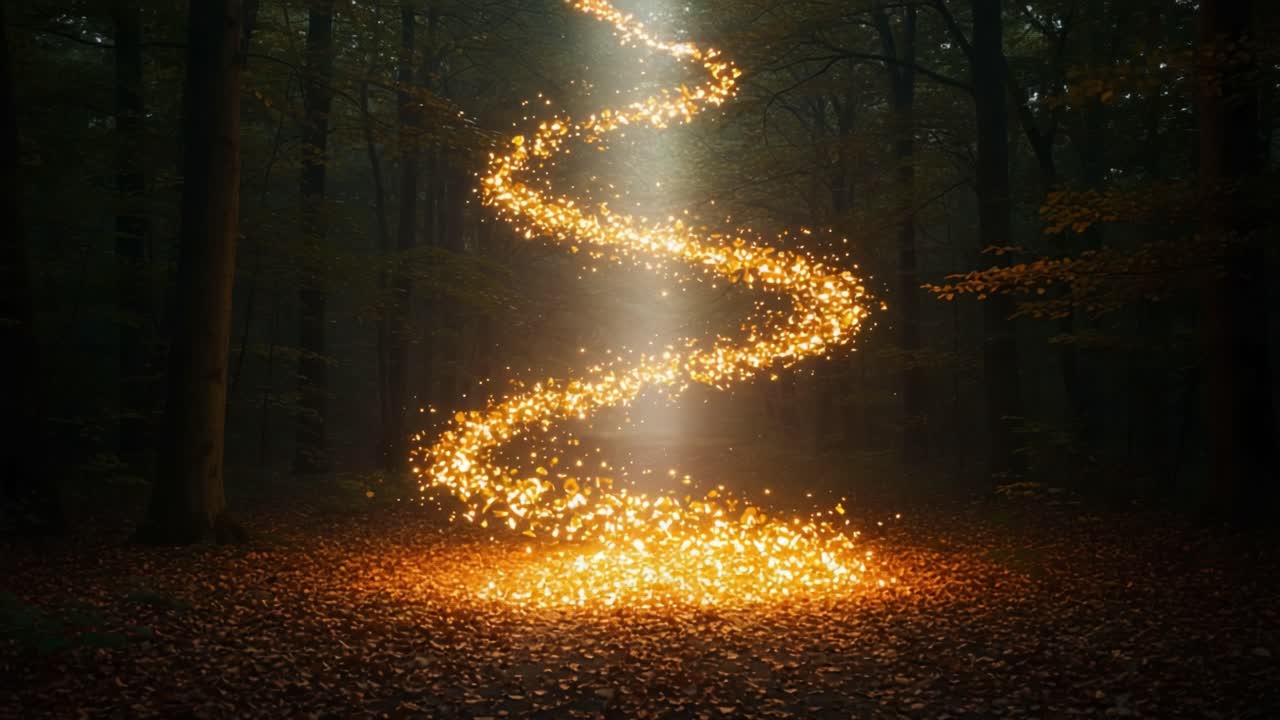 A Magical Light Spiral Emanating from the Forest Floor, Illuminating the Surrounding Trees with a Warm Glow and Creating an Enchanting Atmosphere Throughout the Woods