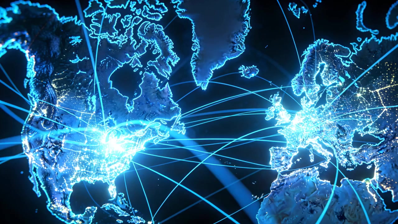 Frame one showing arcs, animating North Atlantic globe with blue lines brightening to show links